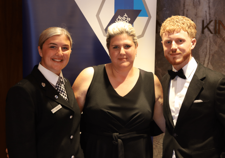 PC Eden McClymont, branch chair Liz Groom and Eden's boyfriend, fellow officer, Matthew Smith