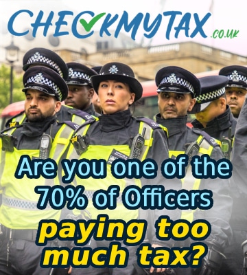 A banner advertises Check My Tax and features a group of police officers in uniform. It states, "Are you one of thre 70% of Police Officers paying too much tax?".