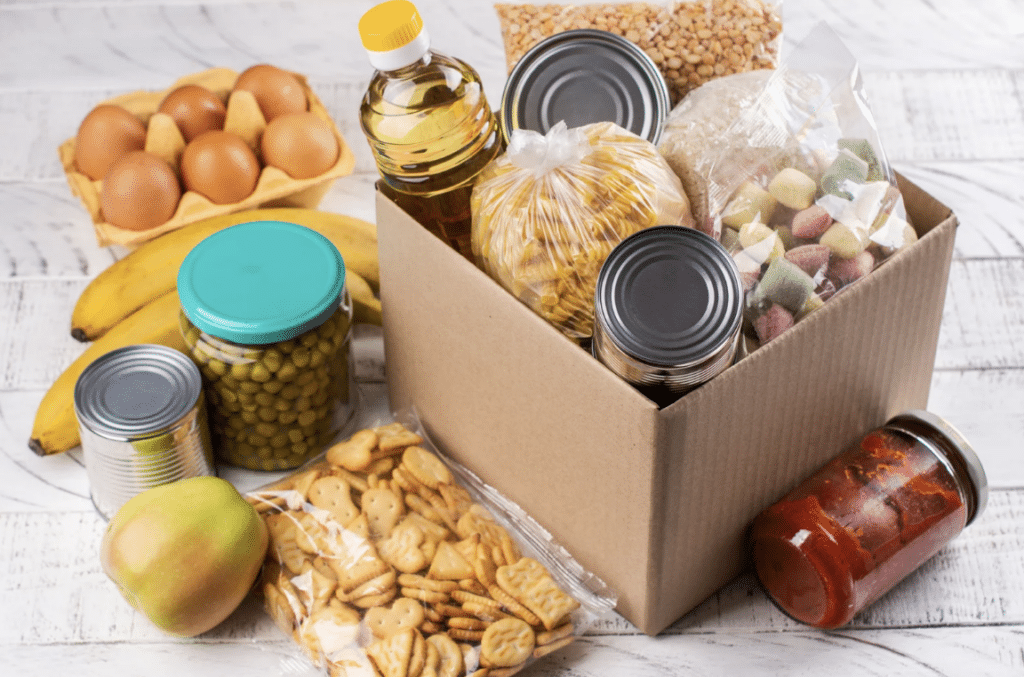 A box of cupboard food staples, such as would be received from a foodbank